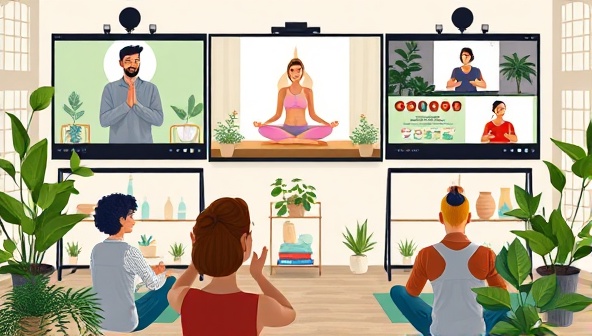 An artistic depiction of a virtual wellness workshop with diverse participants engaging in yoga, meditation, and nutrition discussions on screens, surrounded by plants and natural elements, evoking a sense of tranquility and balance.
