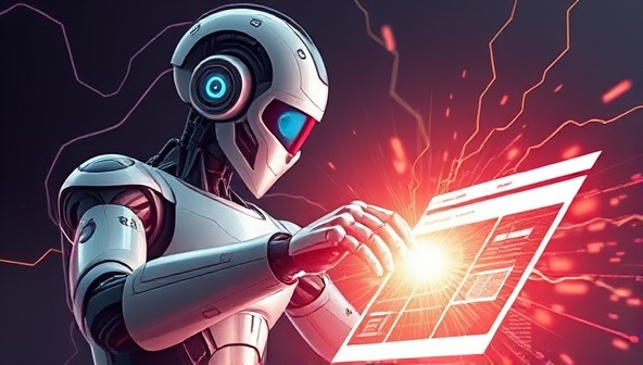 An artistic representation of a futuristic robot constructing a website with lightning speed, showcasing the power and efficiency of AI technology in web design.