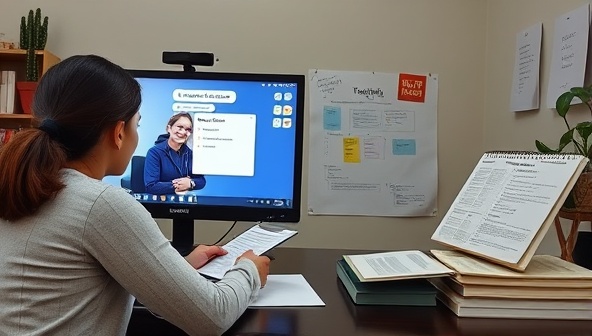 An online language tutoring session featuring a tutor and student engaging in a virtual lesson, with language textbooks and digital resources visible on the screen, creating an immersive and interactive language learning experience in a virtual setting.