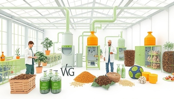 An innovative bio-refinery facility transforming agricultural waste into biofuels, bioplastics, and compost, with workers sorting and processing different waste materials, a scientist conducting research on sustainable bio-materials, and eco-friendly products displayed, showcasing the circular economy model of EcoHarvest Solutions.