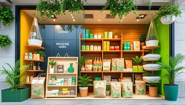An inviting storefront showcasing a variety of eco-friendly packaging materials with vibrant green accents, emphasizing sustainability and environmental responsibility.