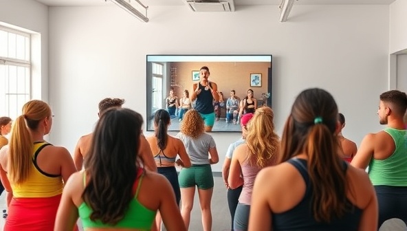 A vibrant and energetic virtual fitness class scene with diverse participants following along with an enthusiastic instructor on a screen, showcasing a dynamic and inclusive workout environment.