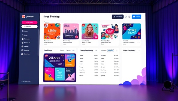 A virtual event planning dashboard with colorful event themes, digital invitation mockups, and a virtual stage setup, conveying creativity and innovation in the virtual event planning process.