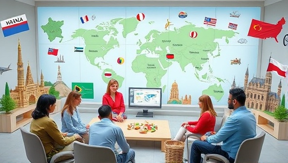 An engaging virtual language lesson setting with teachers and students interacting in various languages, surrounded by cultural symbols and landmarks representing different countries, capturing the essence of global connections and learning experiences on LingoWorld Journeys.