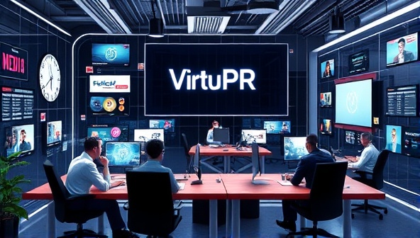 An imaginative representation of VirtuPR's virtual office space, featuring digital avatars interacting with media outlets, brands, and fans through futuristic communication channels, symbolizing the unique PR approach for virtual influencers.