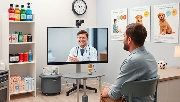 A virtual consultation room setting with a veterinarian and a pet owner engaging in a video call, surrounded by pet care products, informative posters on pet health, and a happy pet companion in the background, conveying a sense of compassion, expertise, and pet-friendly care.