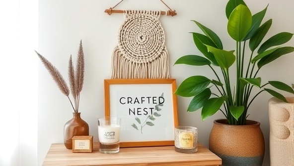 An aesthetically pleasing scene showcasing a beautifully styled living room corner with artisanal home decor items from Crafted Nest, including a hand-poured candle, a woven wall hanging, a botanical print, and a lush plant in a unique planter, creating a cozy and artisan-inspired home ambiance.