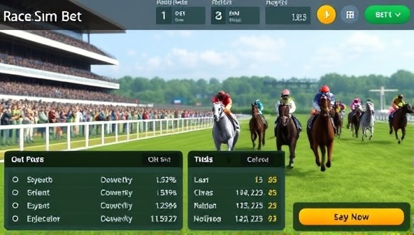 A digital racetrack scene with animated horses racing towards the finish line, a virtual betting interface displaying odds and bet options, and a cheering crowd in the background, capturing the excitement and thrill of virtual horse racing at RaceSim Bet.