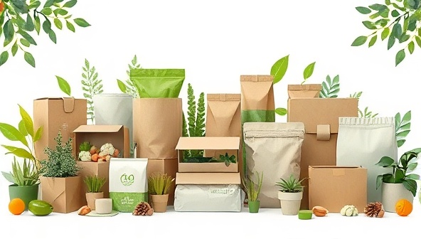 An artistic rendering of a diverse array of eco-friendly packaging options, including boxes, wraps, and containers, surrounded by greenery and natural elements, symbolizing sustainability and innovation.