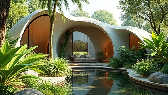 An architectural visualization of a wellness retreat nestled in a serene natural setting, featuring organic shapes, abundant greenery, and calming water elements, embodying the essence of holistic wellness design and tranquility.