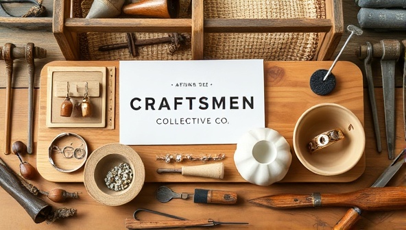 An artistic display of handmade jewelry, ceramics, and textiles from Craftsmen Collective Co., showcasing the craftsmanship and creativity of local artisans, surrounded by natural elements and artisan tools, highlighting the authenticity and uniqueness of the marketplace.