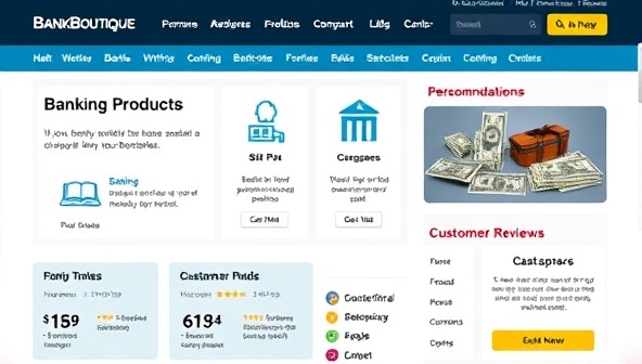 A dynamic and interactive website interface showcasing a variety of banking products with personalized recommendations, comparison tools, and customer reviews on BankBoutique, creating a virtual marketplace experience for users to explore and select customized financial solutions.