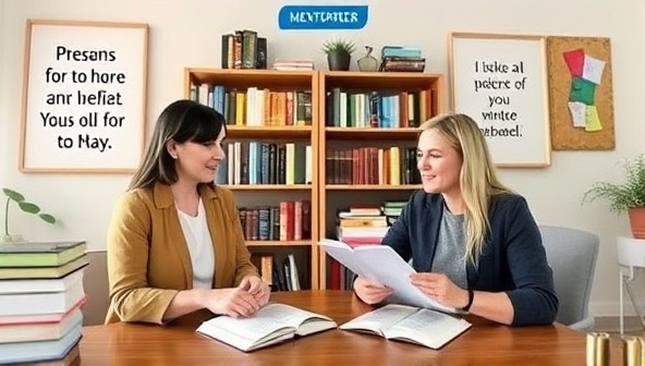 A virtual mentorship session scene with a mentor providing feedback to a mentee on their writing project, both engaged in a productive conversation, surrounded by virtual bookshelves and inspirational quotes, fostering a supportive and encouraging mentorship environment.