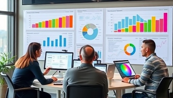 An office setting with team members analyzing data dashboards and brainstorming content ideas, with colorful graphs and charts in the background, symbolizing the intersection of creativity and analytics in content marketing.