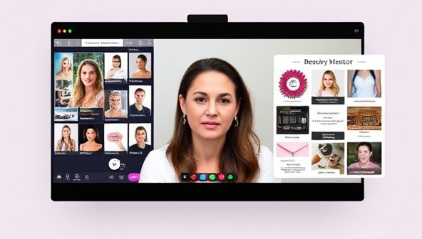 A virtual mentorship session visualized through a split-screen image showing a beauty mentor providing personalized advice to a mentee via video call, with a digital mood board of beauty inspirations and career goals displayed on one side, highlighting the mentorship connection and professional guidance facilitated by Beauty Mentor Connect.