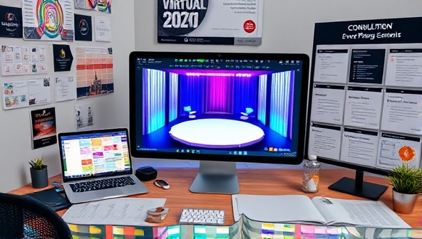 A virtual event planning workspace with a consultant designing a virtual event platform layout on a computer screen, surrounded by event planning software, mood boards, and a digital event agenda, creating a dynamic and creative event planning environment.