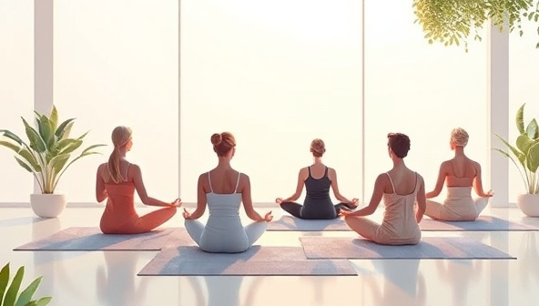 A serene digital illustration of a virtual meditation session with participants in tranquil poses, surrounded by soft lighting, nature elements, and gentle music, evoking a sense of inner peace and mindfulness in a serene virtual setting.