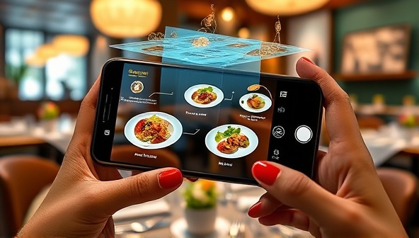 An AR-enhanced smartphone displaying a 3D holographic menu projection above a restaurant table, with digital dish previews and interactive icons floating in the air, illustrating a futuristic and engaging dining experience powered by augmented reality technology.
