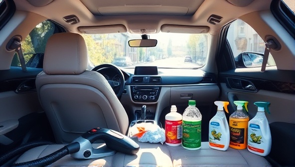 A sparkling clean car interior with plush seats, polished dashboard, and gleaming windows, surrounded by professional cleaning tools like a vacuum cleaner, steam cleaner, and fragrant air fresheners, showcasing the transformation from cluttered to pristine.