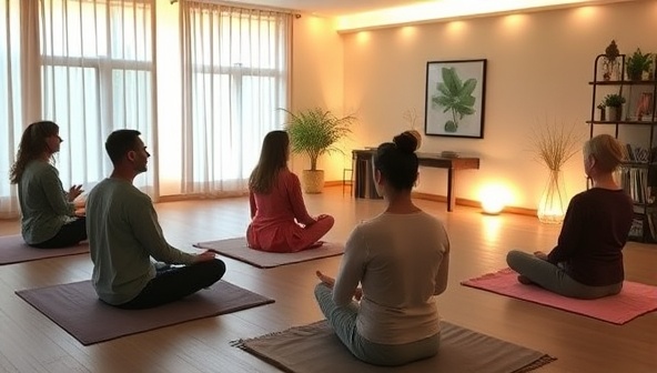 A serene meditation studio with soft lighting, comfortable cushions, and tranquil decor, where adults participate in a guided meditation session led by an instructor, fostering a sense of peace and mindfulness in a soothing and harmonious environment that promotes mental well-being and relaxation.