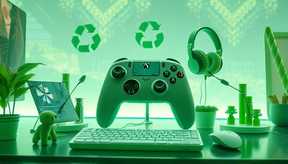 An artistic rendering of GreenGamer Gear products made from sustainable materials, featuring a biodegradable controller, recyclable headset, and energy-efficient peripherals in a futuristic and eco-conscious gaming setup, highlighting the brand's commitment to environmental sustainability and innovation.