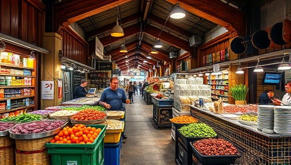 An immersive digital tour interface showcasing a bustling international market scene with vibrant colors, exotic ingredients, and local vendors, inviting participants on a sensory journey through GlobalGourmet Expeditions' virtual culinary tours around the world.