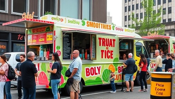 A vibrant food truck with a colorful menu board displaying fresh salads, smoothies, and wraps, surrounded by a queue of enthusiastic customers and a bustling urban street, capturing the essence of healthy eating on the go.