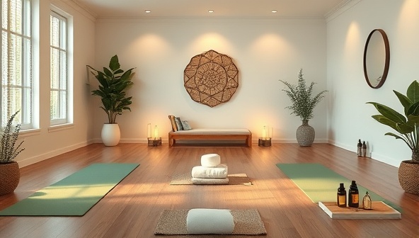 A serene virtual wellness retreat space featuring a calming meditation area, yoga mats, essential oils, and soft lighting, creating a tranquil and rejuvenating ambiance for mindfulness and self-care practices with Zen Haven Online.