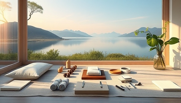 A serene virtual retreat space featuring calming nature scenes, relaxation props, aromatherapy essentials, and wellness tools laid out in a tranquil setting, inviting participants to immerse themselves in a virtual journey of self-care and mindfulness.