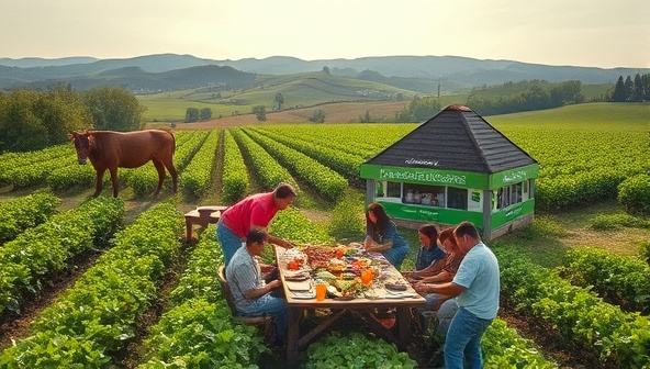 A serene countryside retreat setting with GreenHarvest Escapes branding, featuring participants engaging in farm activities like harvesting vegetables, feeding animals, and enjoying a communal outdoor meal, surrounded by lush greenery and rolling hills, embodying the essence of sustainable agro-tourism retreats.