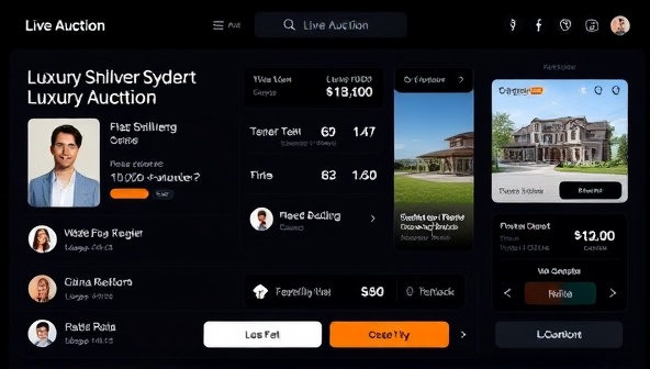 An online auction interface displaying a live bidding session for a luxury property, with multiple user avatars engaging in competitive bidding, real-time countdowns, and property details, creating a sense of excitement and urgency in the virtual auction experience.