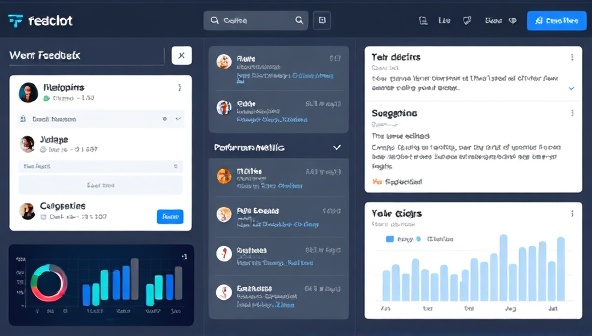 An interactive feedback tool interface displaying a web design with real-time feedback comments, suggestions, and performance metrics, with AI algorithms analyzing user interactions and design elements, emphasizing data-driven insights and optimization.