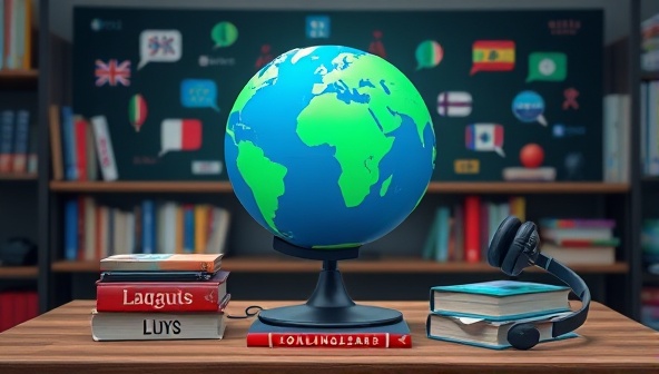 An interactive digital classroom setting with a virtual globe, language books, and headphones symbolizing language diversity and the interconnected nature of online language learning, inspiring global communication.