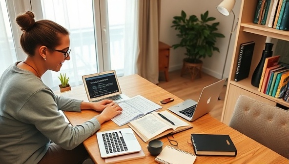 A cozy home office setup with a financial consultant assisting a freelancer in organizing income statements and budget plans on a laptop, surrounded by financial books and calculators, promoting financial stability and independence for freelancers.