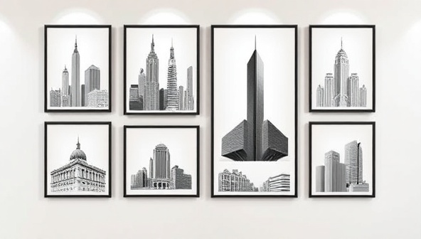 An elegant gallery wall featuring a curated collection of architectural concept art prints in sleek frames, showcasing iconic landmarks, abstract building designs, and urban cityscapes in a harmonious display of art and architecture, creating a sophisticated and inspirational atmosphere.