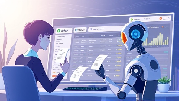 An animated illustration of a futuristic AI assistant organizing digital receipts and categorizing expenses on a sleek dashboard, symbolizing efficiency and automation in expense tracking.