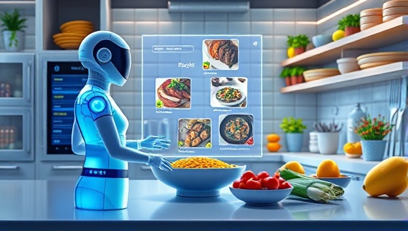 An innovative digital illustration depicting a futuristic kitchen scene with a virtual assistant displaying recipe options on a holographic screen, surrounded by fresh ingredients and cooking tools, illustrating the seamless integration of AI technology in culinary exploration and meal planning.