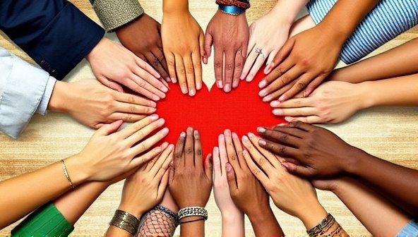 A digital mosaic of diverse hands joining together to form a heart shape, symbolizing unity and collaboration in charitable giving through MatchGiver's donation matching platform, highlighting the power of collective generosity.