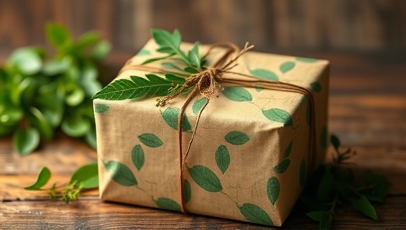 An image of a thoughtfully packaged eco-friendly gift box wrapped in GreenWrapCo's biodegradable materials, adorned with greenery and natural elements, symbolizing the harmony between sustainable practices, aesthetic appeal, and environmental consciousness embodied by GreenWrapCo's packaging solutions.