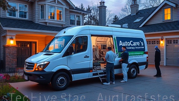 An artistic representation of a mobile workshop van parked in a residential driveway, with technicians performing maintenance on a vehicle while the customer observes, highlighting the convenience and professional service offered by AutoCare Concierge.