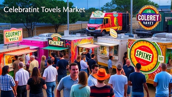 A vibrant outdoor food truck park bustling with customers sampling gourmet dishes from colorful food trucks adorned with creative signage and decorative lights, creating a festive and culinary-rich atmosphere at the Gourmet Wheels Market, celebrating food culture.