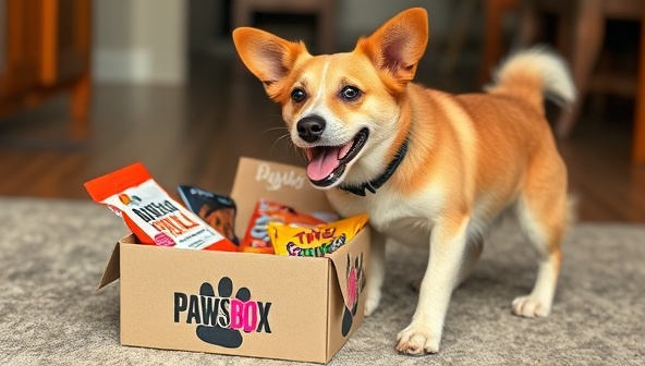 An adorable dog wagging its tail in excitement while opening a personalized PawsBox filled with treats and toys, capturing the joy and anticipation of exploring new goodies.