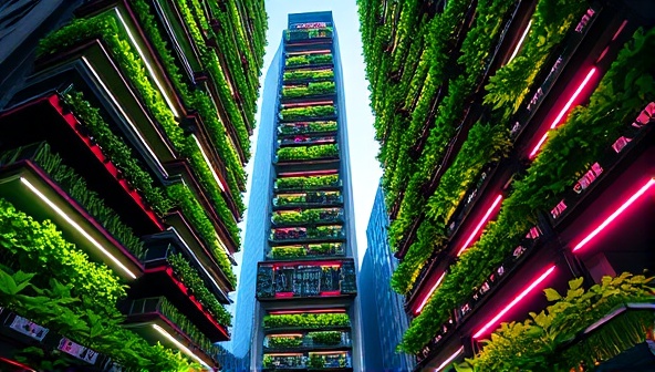 An urban skyscraper transformed into a futuristic vertical farm, with rows of lush greenery under vibrant LED lights, showcasing a high-tech, sustainable agriculture system in a modern cityscape setting.