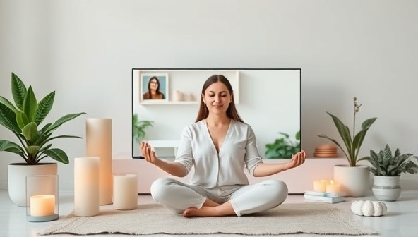 A serene and calming image featuring a virtual wellness coaching session conducted via video call, with a wellness coach guiding a client through a meditation practice, surrounded by soothing candles, plants, and wellness props, creating a peaceful and supportive online wellness environment for Balance Boosters platform.