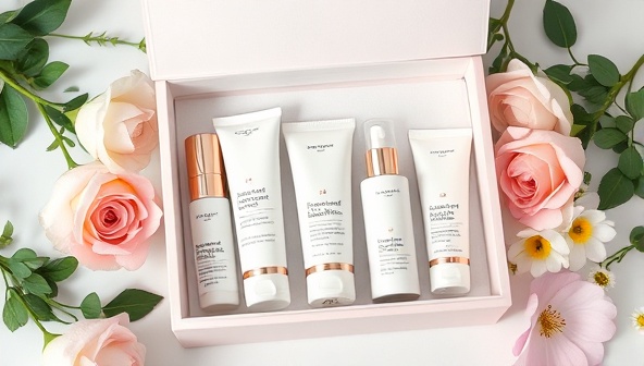 An elegant and sophisticated skincare box with various skincare products neatly arranged inside, surrounded by fresh flowers and greenery to convey the concept of personalized luxury skincare.