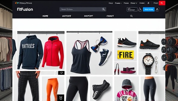 An aesthetically pleasing website screenshot displaying a diverse range of fitness merchandise, including stylish activewear, innovative workout accessories, and motivational fitness gear, creating an enticing and vibrant marketplace atmosphere on FitFusion Marketplace.