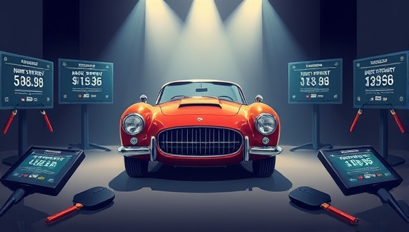 An elegant digital illustration of a classic car surrounded by auction paddles and virtual bidding screens, capturing the excitement and sophistication of automotive auctions on the BidDrive Marketplace platform.