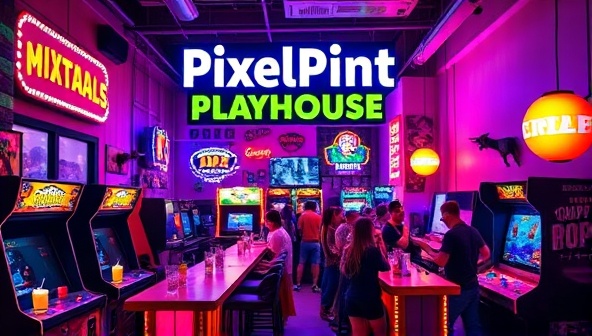 An inviting and colorful image of PixelPint Playhouse showcasing the arcade machines, bar counter with retro-themed cocktails, neon signs, and a lively crowd of patrons enjoying games and drinks, capturing the vibrant and nostalgic atmosphere of the retro arcade bar and lounge.