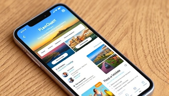 An image of a smartphone showcasing the PlanQuest App interface with vibrant destination images, personalized itineraries, and travel recommendations, illustrating the user-friendly and interactive nature of the travel planning platform.