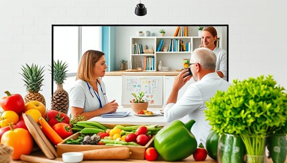 An image of a virtual nutrition counseling session with a dietitian discussing meal plans and healthy eating habits with a client, surrounded by images of fresh fruits and vegetables, promoting nutritional support and wellness guidance.